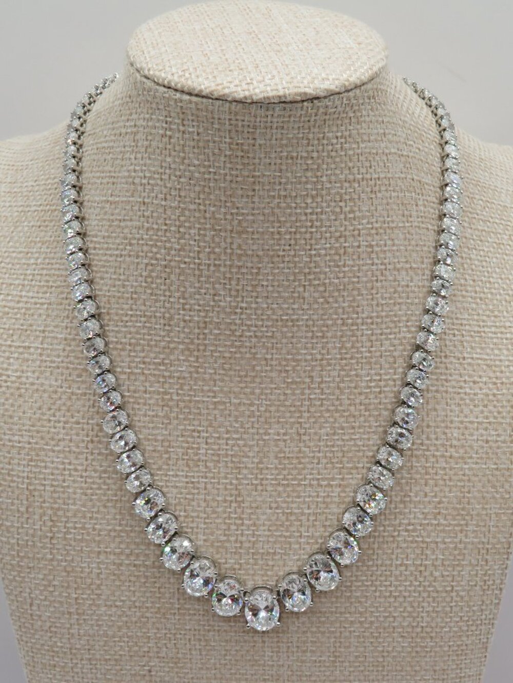 925 Silver CZ Glass Graduated Oval Stone Tennis Style Necklace